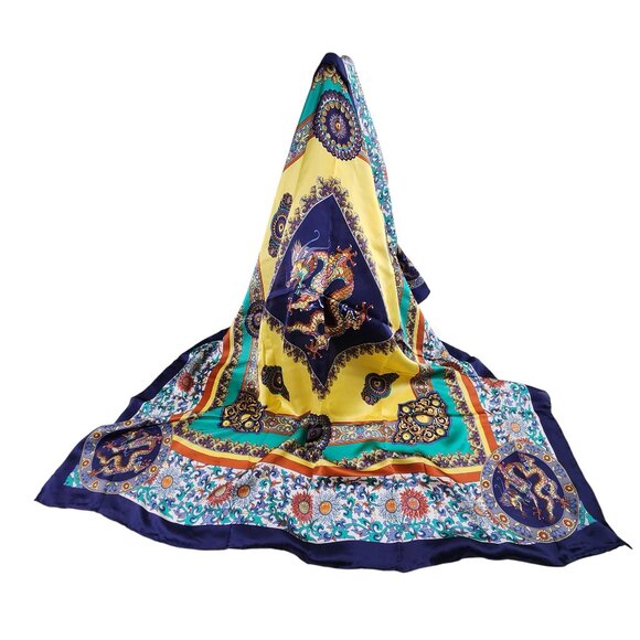 VTG Tongyu 100% Silk Scarf 42x42 Hand Rolled Hem Chinese Dragon Motif Multicolor - Picture 7 of 15